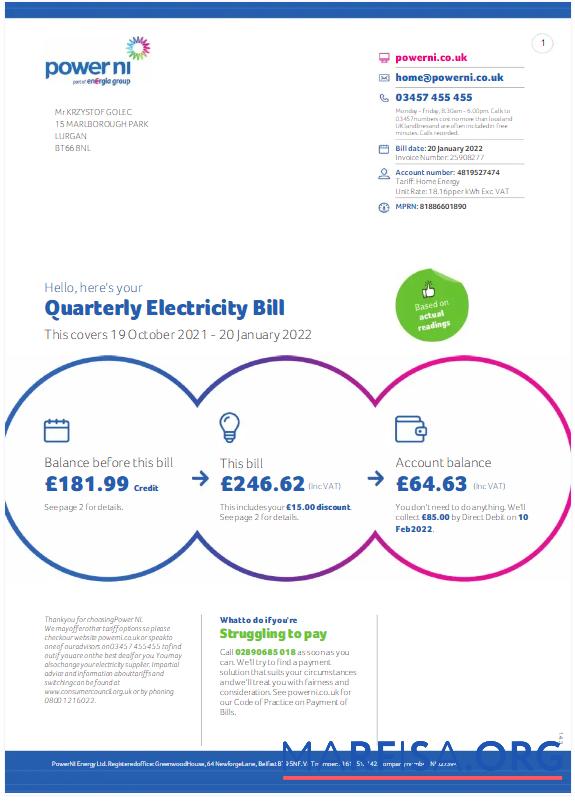Blank UNITED KINGDOM POWER NI utility bil Word and PDF template
